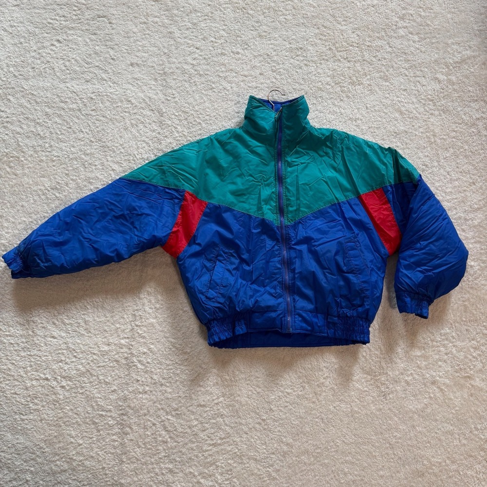 Cortina Puffer Jacket Large Blue Green Red Vintage 90s Colorblock Ski Bomber